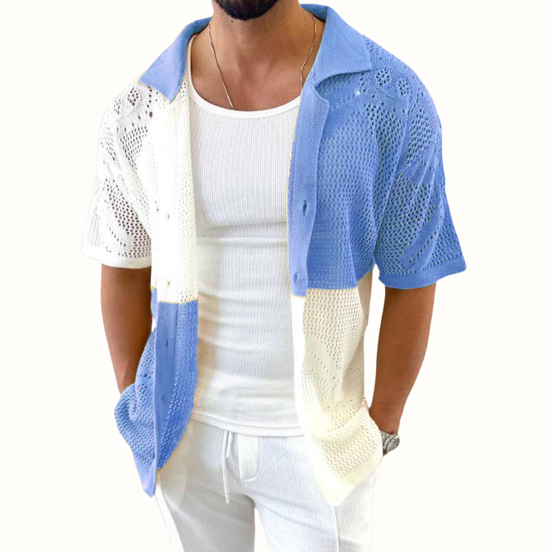 Breathable men's summer mesh shirt, short sleeve with contrast patch, keeping you cool & fashionable.
