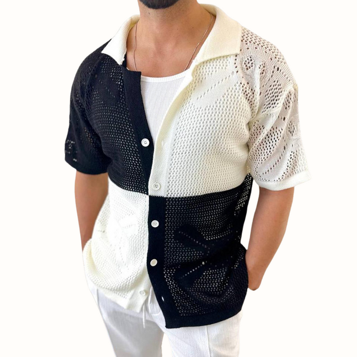 Casual men's breathable mesh shirt. Lightweight short sleeve, contrast patch. Perfect for stylish summer wear.