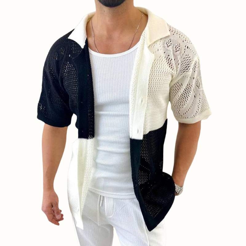 Stay cool & stylish in this men's breathable mesh shirt with a modern contrast patch design. Great for summer.
