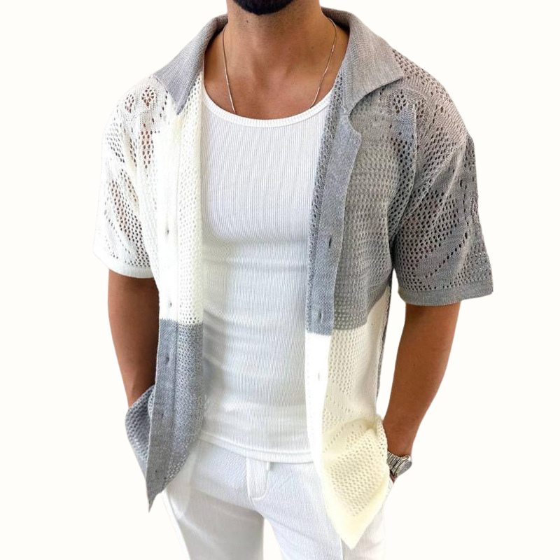 Vacation-ready men's lightweight mesh shirt. Breathable & stylish with a contrast patch for summer comfort.