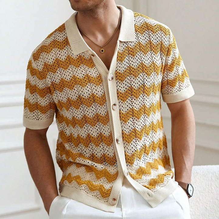 Men's breathable open knit polo shirt, ideal for summer casual style. Lightweight, comfortable fit.