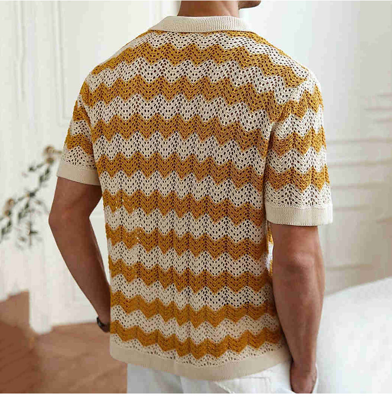 Mustard yellow men's open knit polo shirt with crochet texture, breathable summer wear for a relaxed casual look.