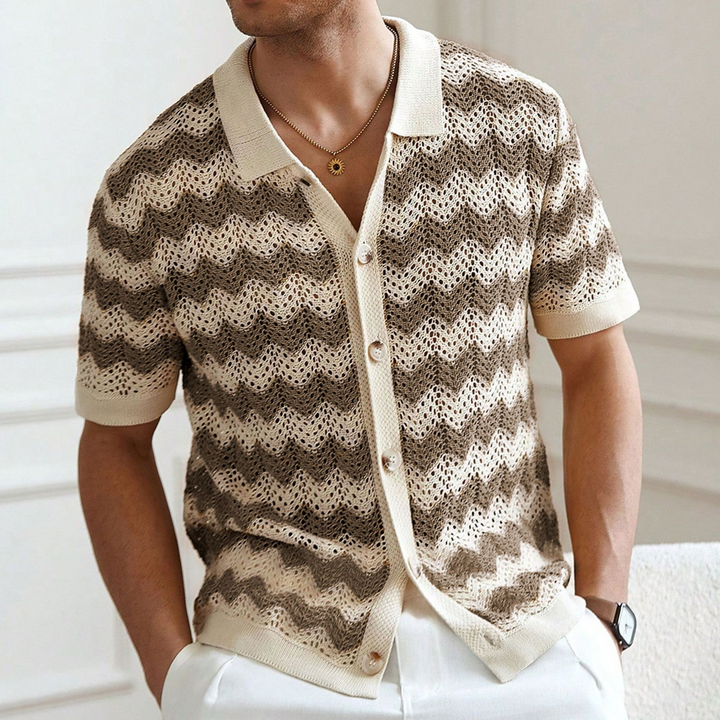 Brown men's open knit polo with unique crochet texture, a breathable summer shirt for relaxed men's style.