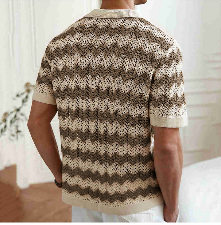 Stylish men's breathable open knit polo shirt, designed for warm weather comfort & a casual summer fashion look.