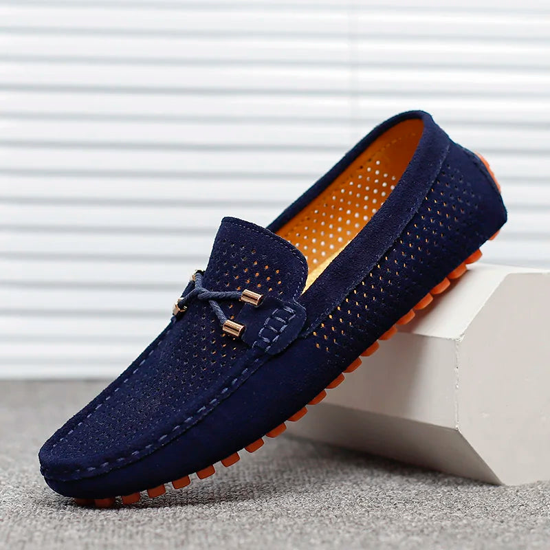 Men's breathable perforated leather slip-on shoes for ultimate walking comfort and style.