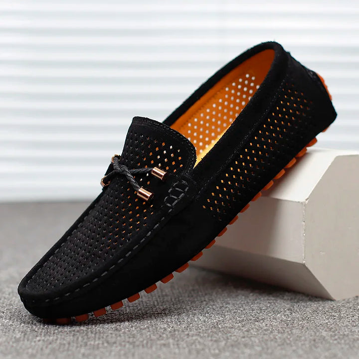 Men's casual comfort slip-on loafer, breathable perforated leather walking shoe.