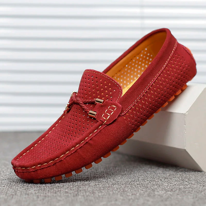 Versatile men's perforated leather slip-on shoes, breathable for casual or semi-dress.
