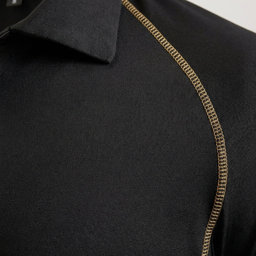 Close-up of breathable fabric on men's performance polo, ideal for active and casual wear