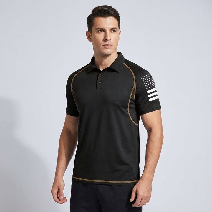 Stylish athletic mens poloshirt in black, quickdry and breathable for sport and casual occasions