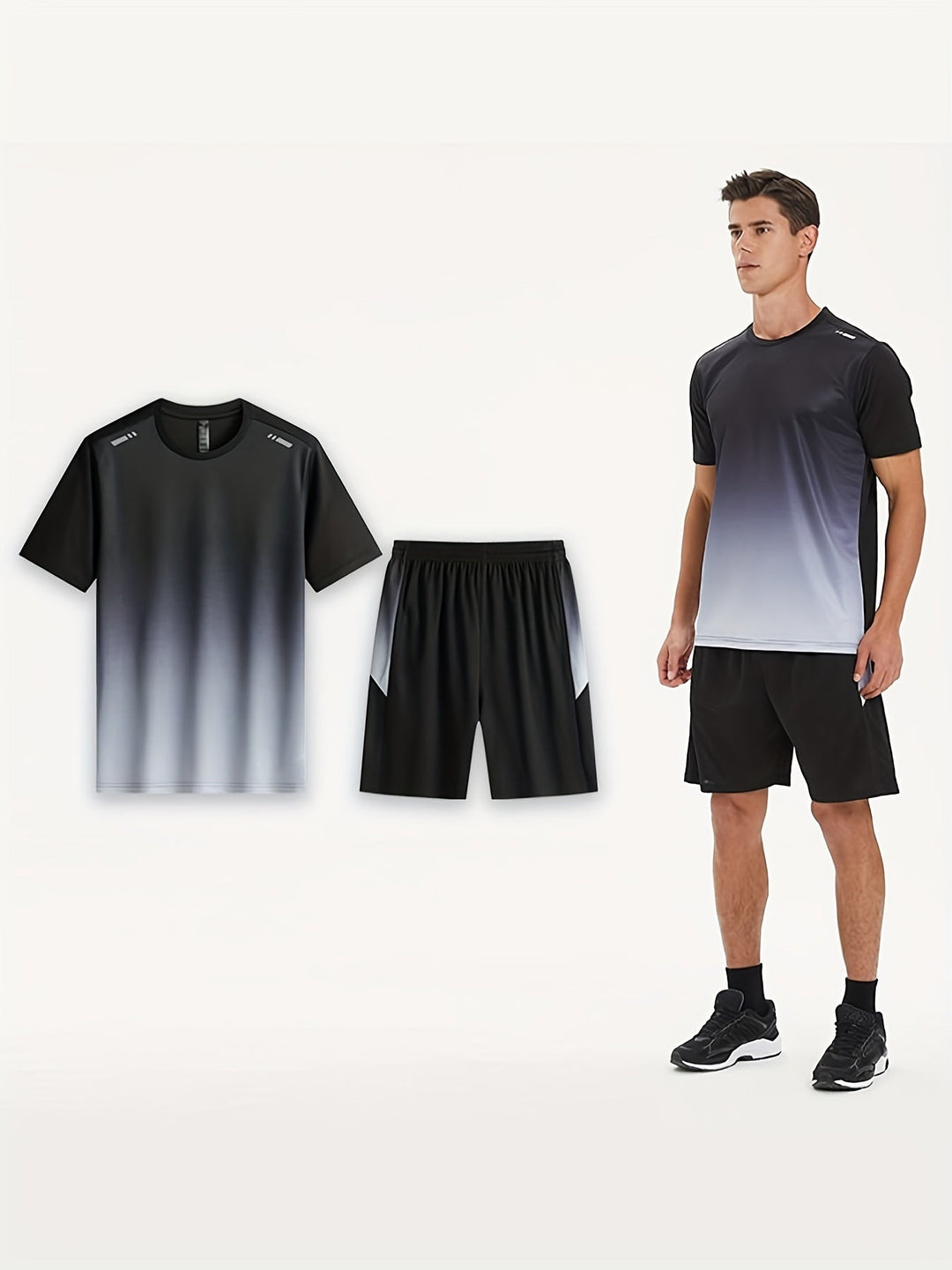 Workout outfit: men's breathable PowerMove activewear set, performance shirt & shorts for training.