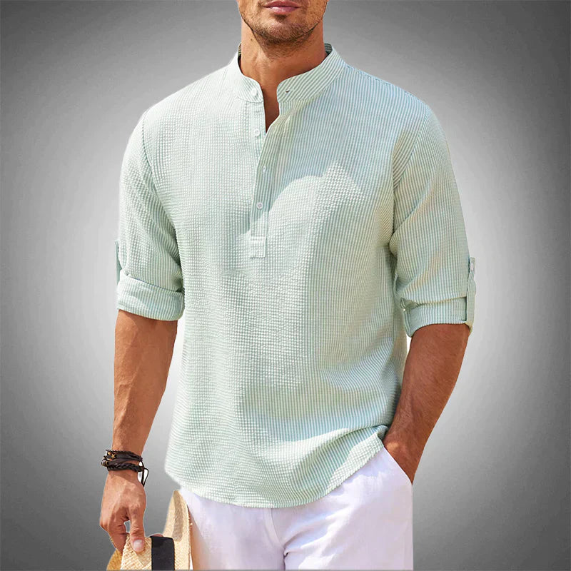 Front view of men's Luca breathable short sleeve shirt, a versatile summer button-down