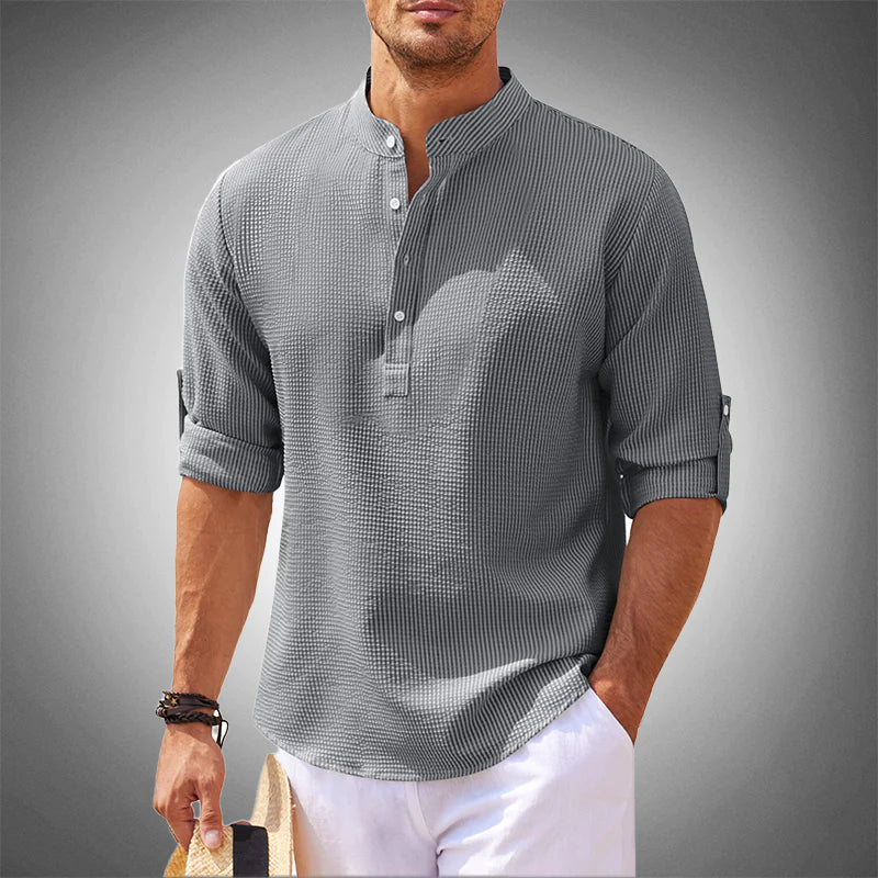 Back view of breathable short sleeve men's shirt, showing the casual design ideal for summer
