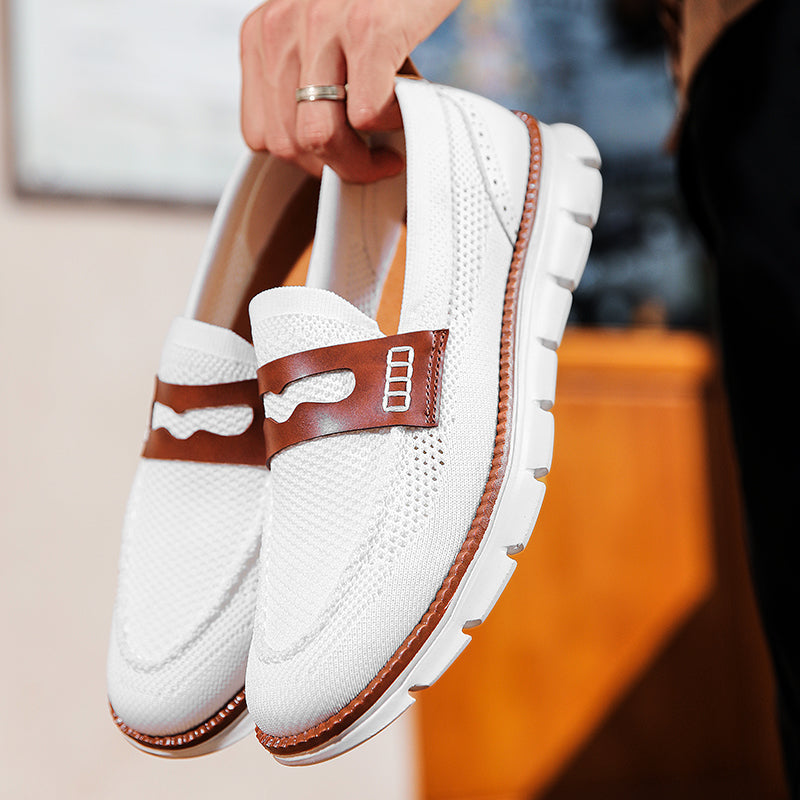 Front view of men's breathable slip-on loafers, showcasing lightweight design & comfort.