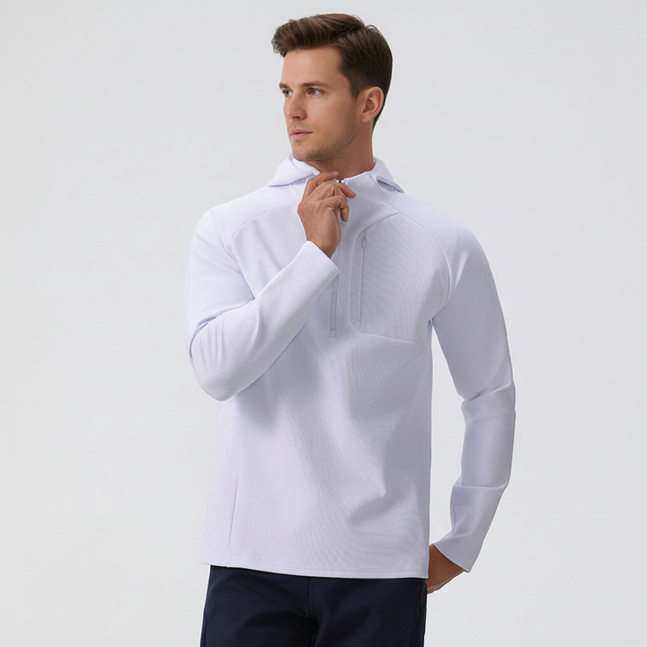 Men's breathable stretch performance jacket. Half-zip athletic wear for training & active outdoor sports.