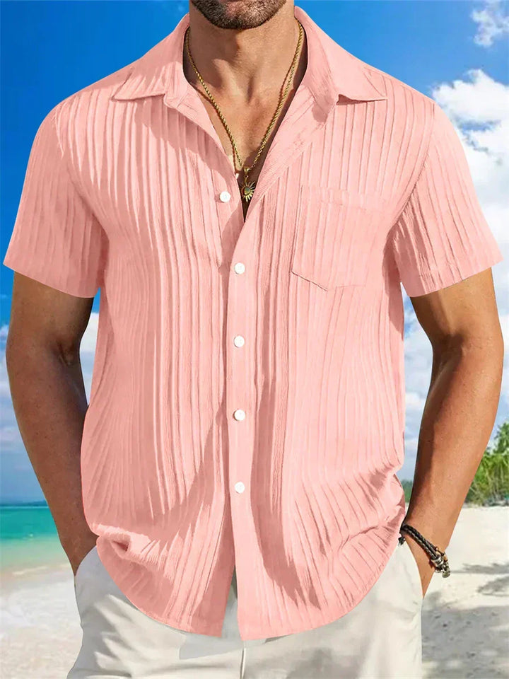 Casual men's short sleeve shirt. Breathable, relaxed fit, button down style for summer comfort.