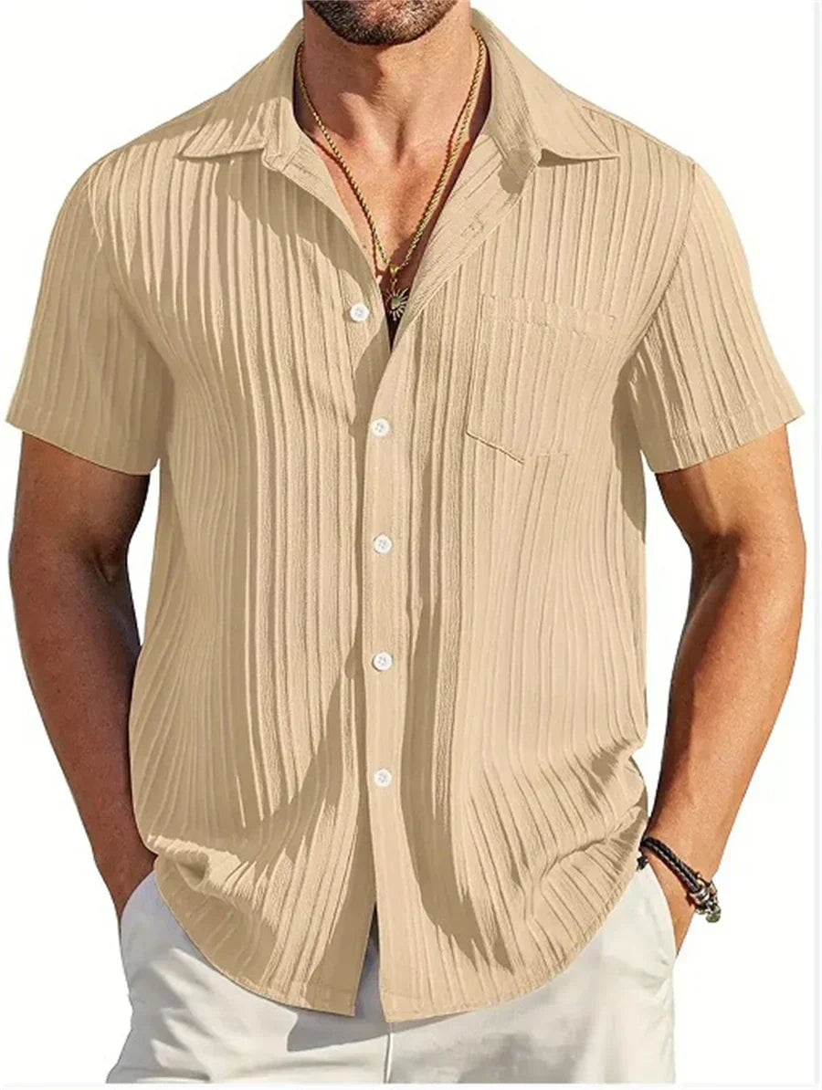 Relaxed fit men's button down summer shirt. Breathable short sleeve for casual and warm daily wear.