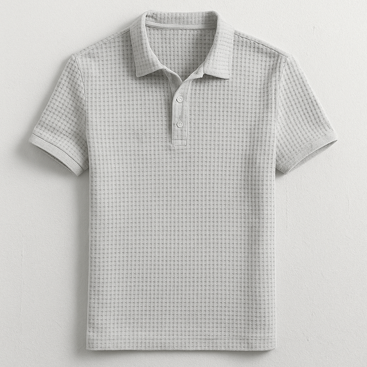Stylish slim fit men's waffle polo shirt, breathable fabric, ideal for modern casual fashion.