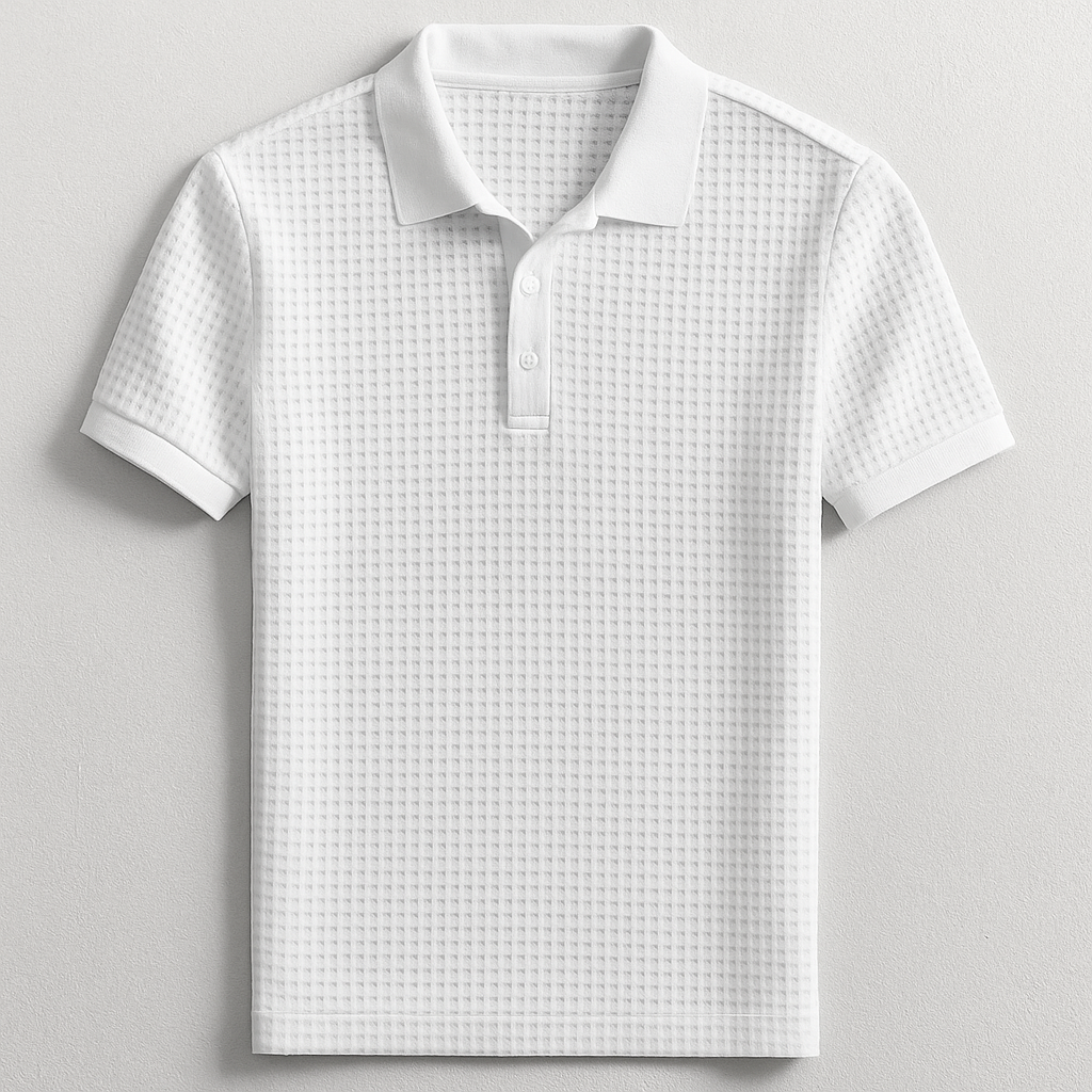 Comfortable men's short sleeve waffle polo with unique texture, breathable for everyday style.