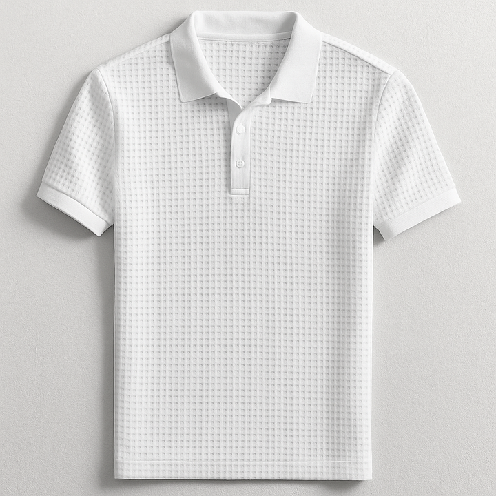 Comfortable men's short sleeve waffle polo with unique texture, breathable for everyday style.