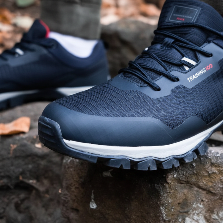 Athletic men's trail running shoes in gray, featuring waterproof design and durable outdoor sole