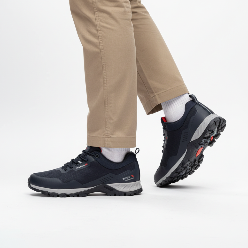 Pair of men's hiking footwear, waterproof and breathable, designed for comfort on trails