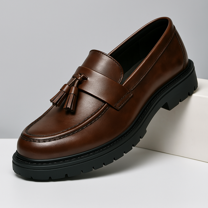 Men's brown Belmont Tassel Loafers, classic leather slip-on shoes for dress or casual wear.