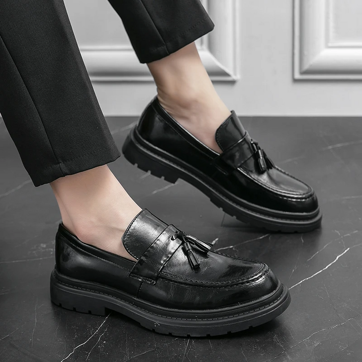Belmont Tassel Loafers in black, mens slip-on shoes with a distinctive tassel detail.