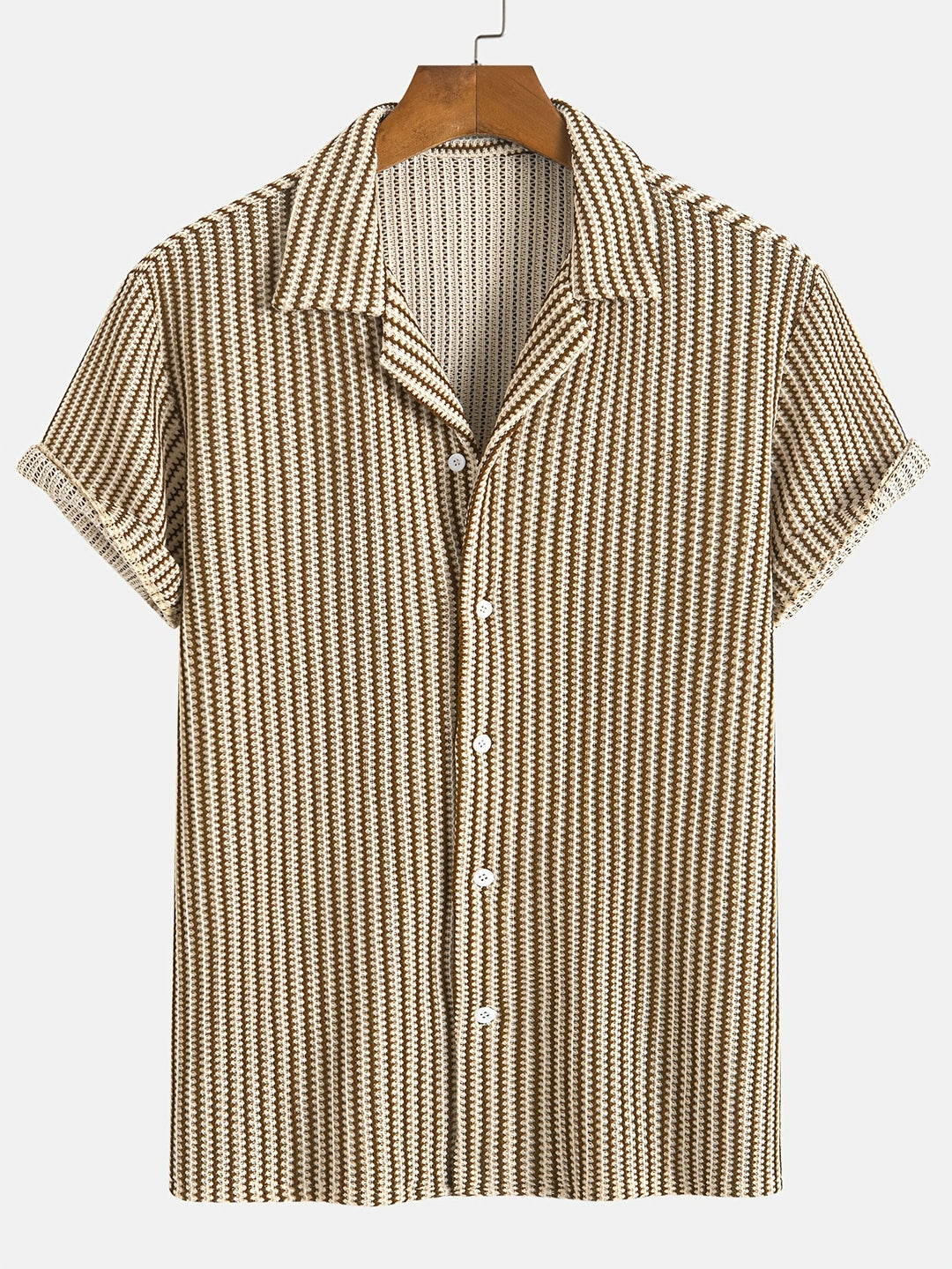 Men's brown & black striped knit button-up shirt, short sleeve, casual summer style.