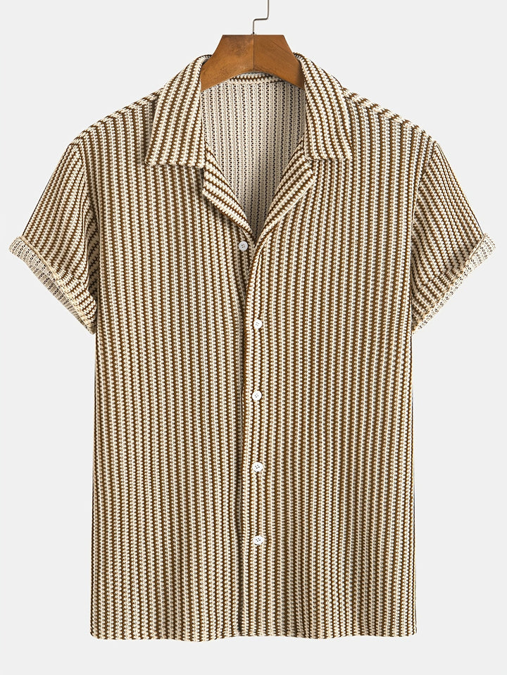 Men's brown & black striped knit button-up shirt, short sleeve, casual summer style.