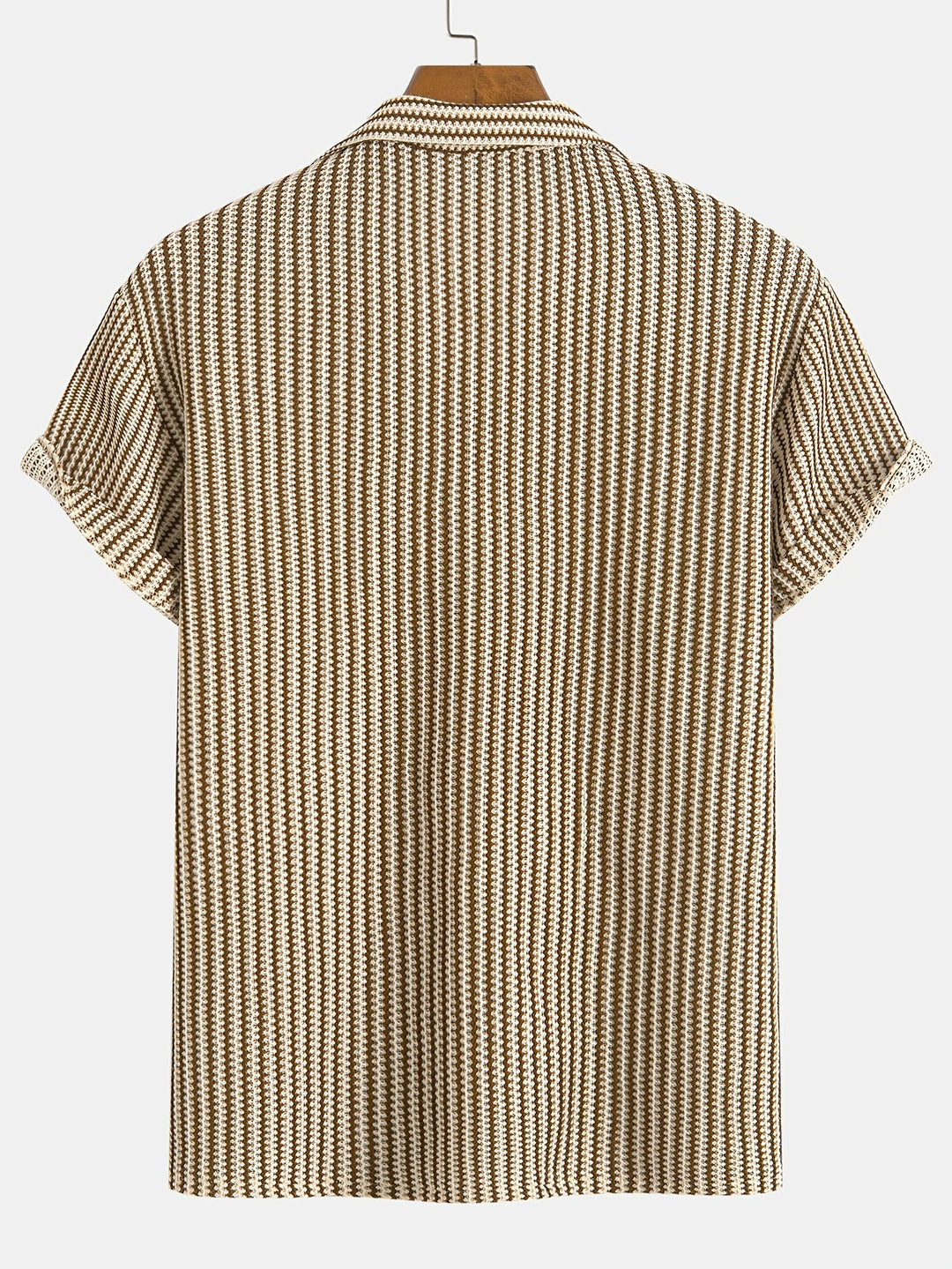 Relaxed fit men's striped knit short-sleeve button-up shirt in brown & black, perfect for summer comfort.