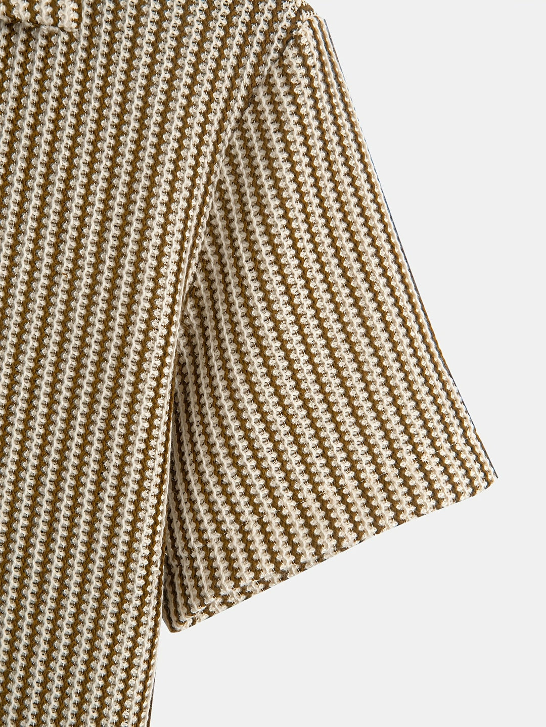 Comfortable men's knit short-sleeve button-up shirt featuring stylish brown & black stripes, ideal for summer.