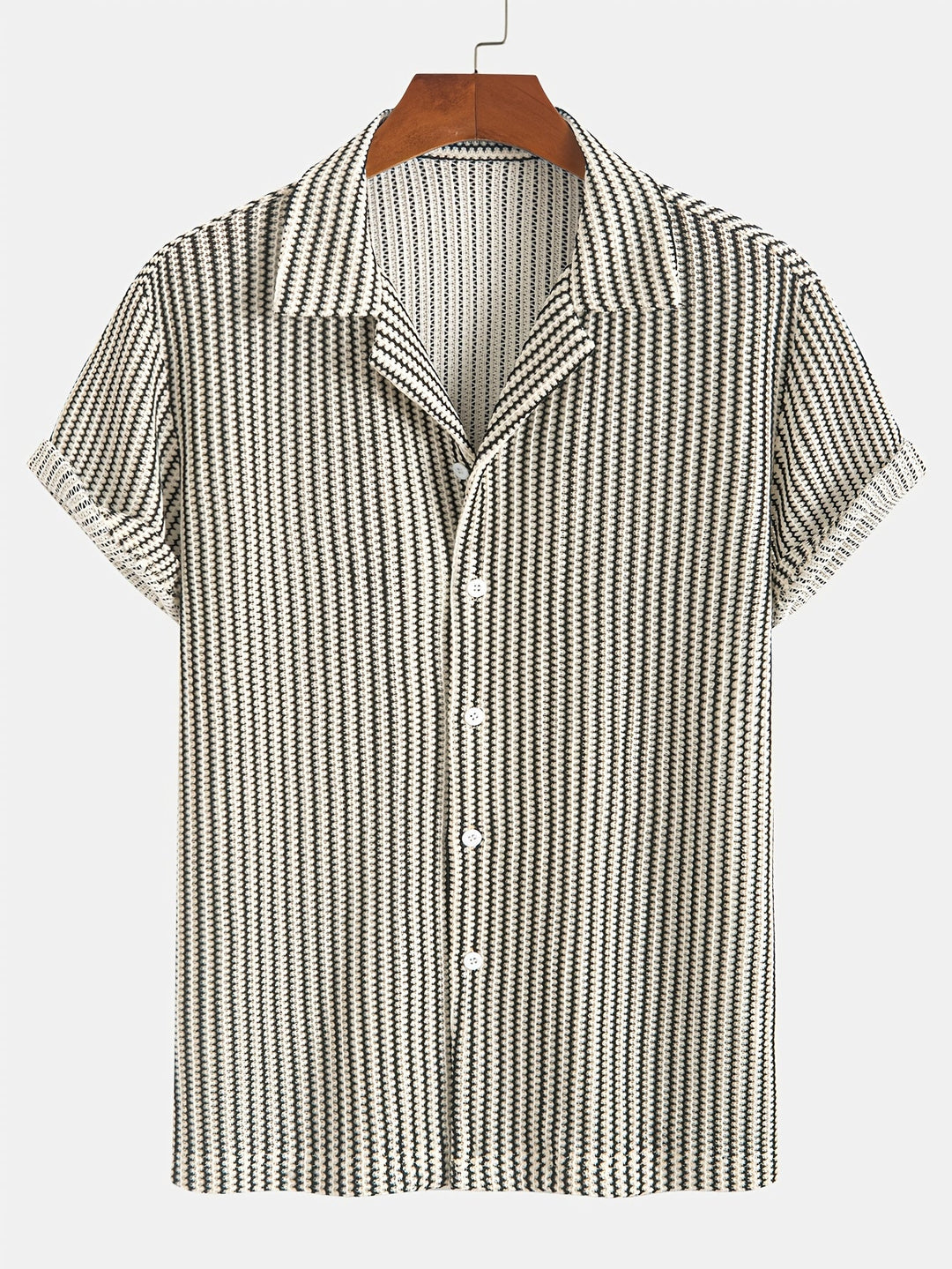 Men's short sleeve brown & black striped knit button-up shirt, a casual and comfortable summer wardrobe staple.