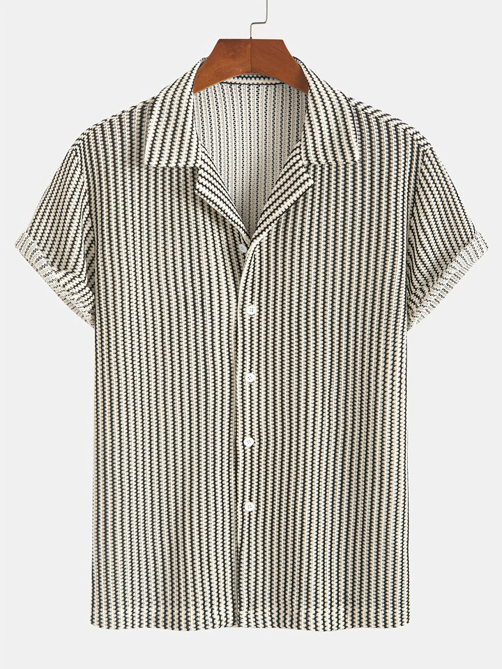 Men's short sleeve brown & black striped knit button-up shirt, a casual and comfortable summer wardrobe staple.