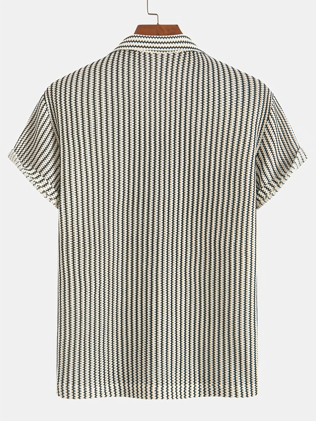 Casual men's striped knit short-sleeve button-up shirt in brown and black, offering relaxed summer style.