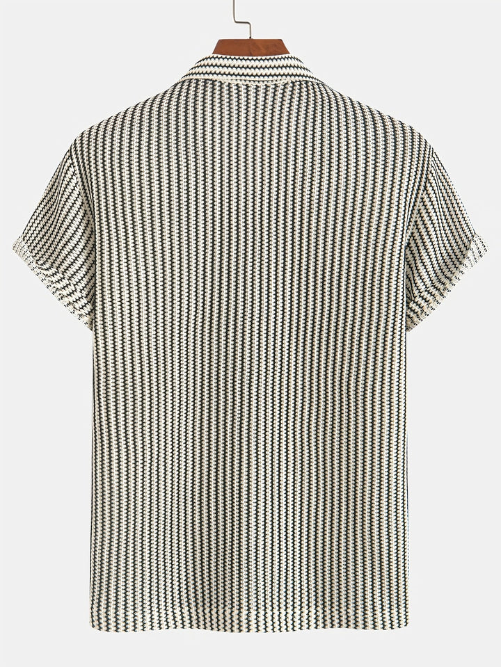 Casual men's striped knit short-sleeve button-up shirt in brown and black, offering relaxed summer style.