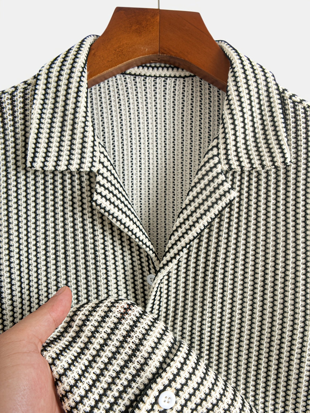 Men's brown & black striped knit short sleeve button-up shirt for casual, comfortable summer style.