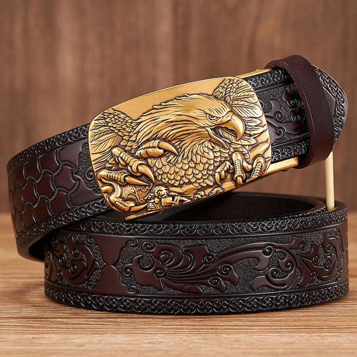 Men's brown embossed leather belt with a striking gold eagle buckle, a durable and stylish fashion accessory.