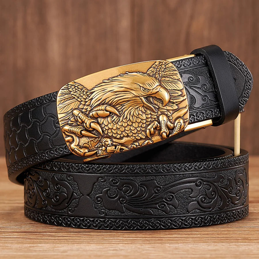 Black embossed leather belt for men, featuring a detailed silver eagle buckle. A bold and durable statement piece.