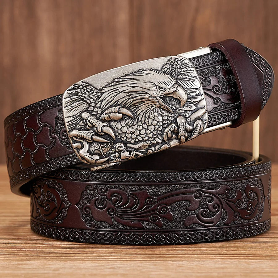 High-quality men's leather belt, embossed with intricate patterns and an impressive eagle buckle. Fashionable and durable.