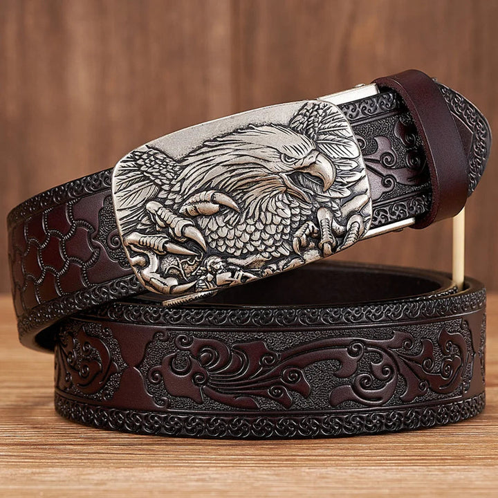 High-quality men's leather belt, embossed with intricate patterns and an impressive eagle buckle. Fashionable and durable.