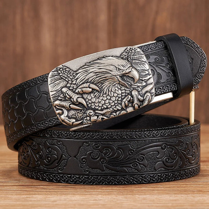 Stylish men's embossed leather belt with a prominent eagle buckle, perfect for adding a bold statement to any outfit.