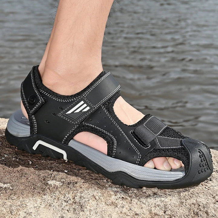 Elderly footwear: Men's comfort leather sandals with non-slip grip, perfect for summer walks.