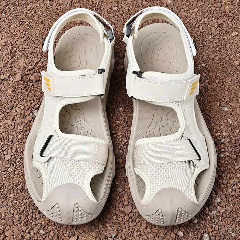 Tan leather men's sandals, non-slip and comfortable, perfect for casual summer wear.