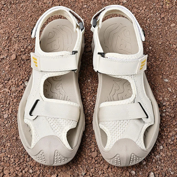Tan leather men's sandals, non-slip and comfortable, perfect for casual summer wear.