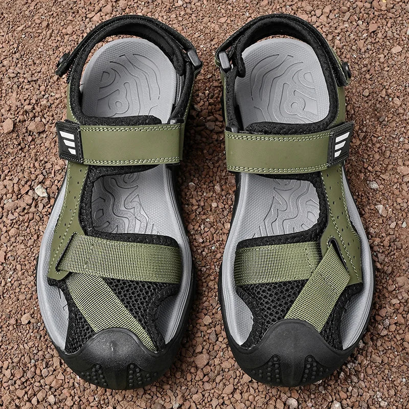 Durable men's leather sandals with advanced non-slip technology, designed for maximum comfort.