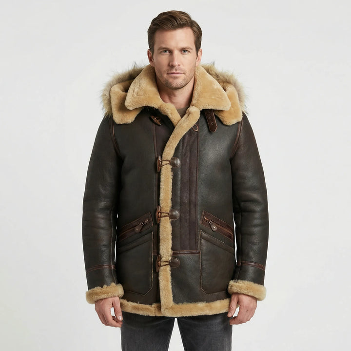 Fashionable men's tailored brown padded jacket. A comfortable & warm hooded winter coat for daily wear.