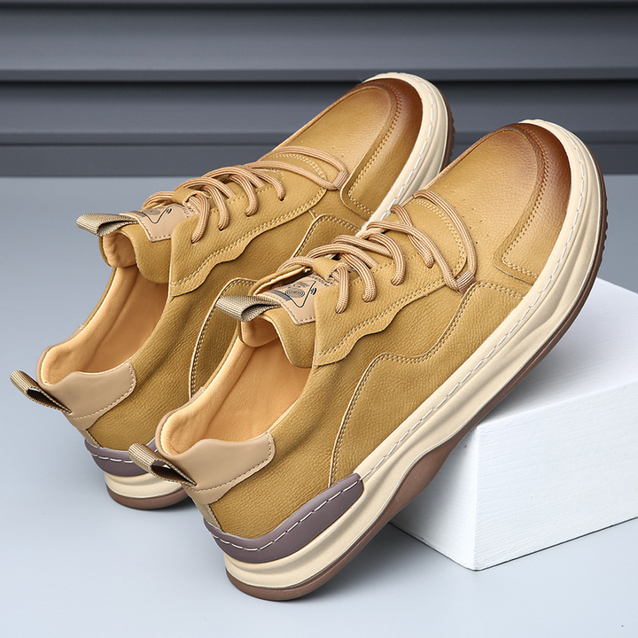 Tan men's everyday walking shoes, premium comfort sneakers for casual style.
