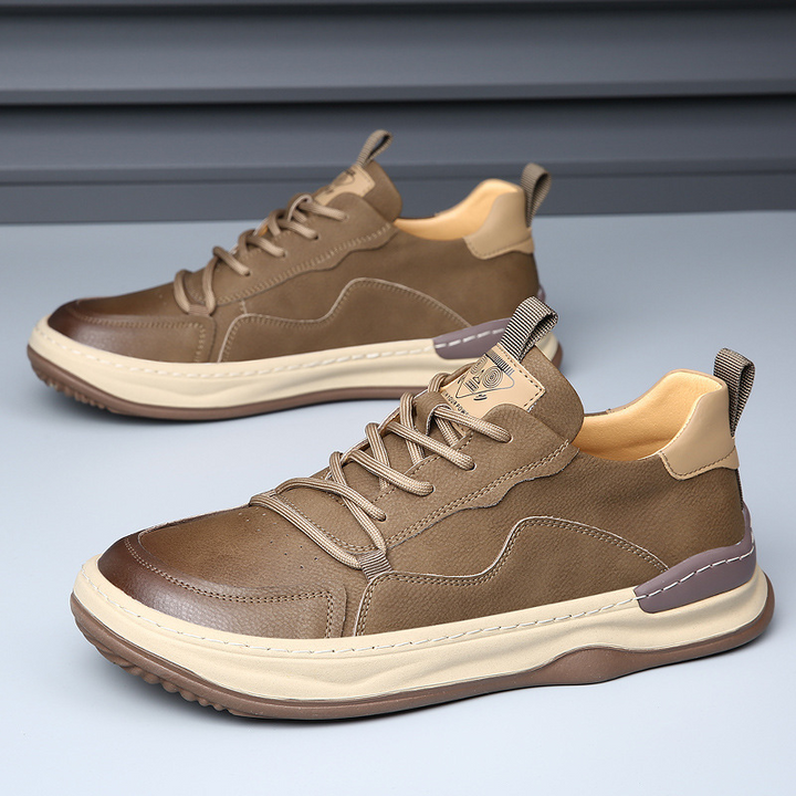 Stylish tan men's comfort sneakers, ideal footwear for everyday walking and casual wear.