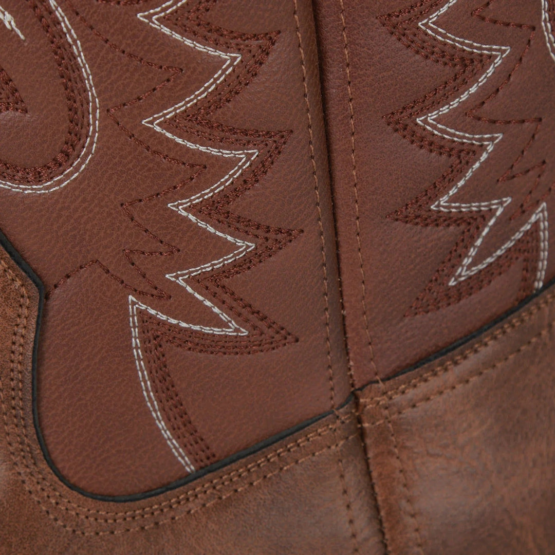 Black men's rugged square toe western boots. Durable slip-on cowboy boots, built for comfort and style.