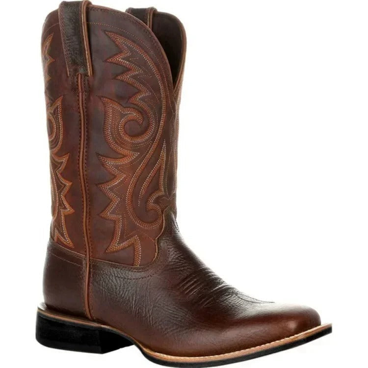 Stylish black men's square toe western boots. Durable mid-calf cowboy boots with all-day comfort.